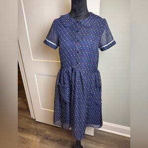 Modcloth Navy sheer Dress detachable slip with Multicolor Dots collar pockets